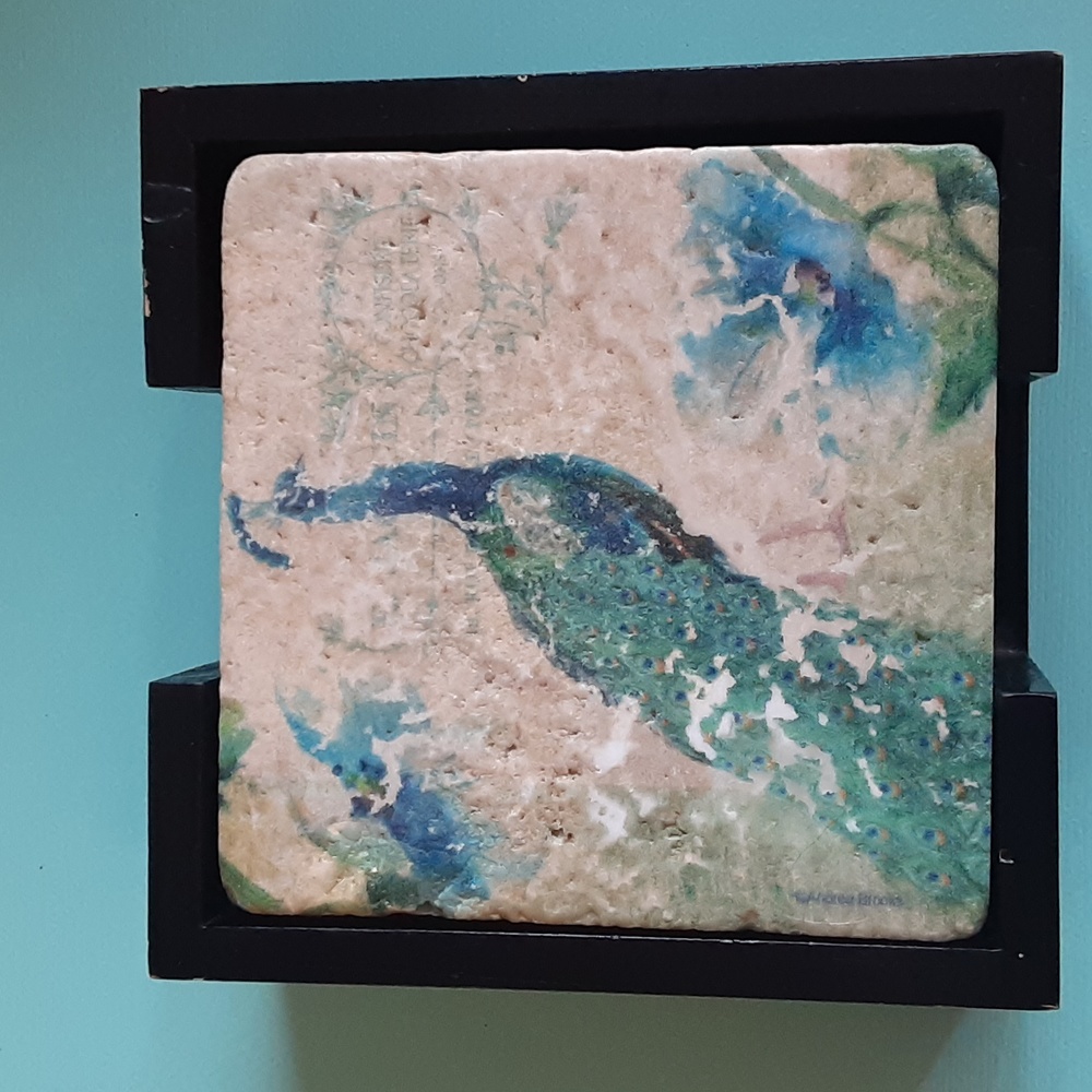 Peacock Image on 4"x4" natural stone coaster, set, walnut holder, cream blu/gr - Picture 2 of 14